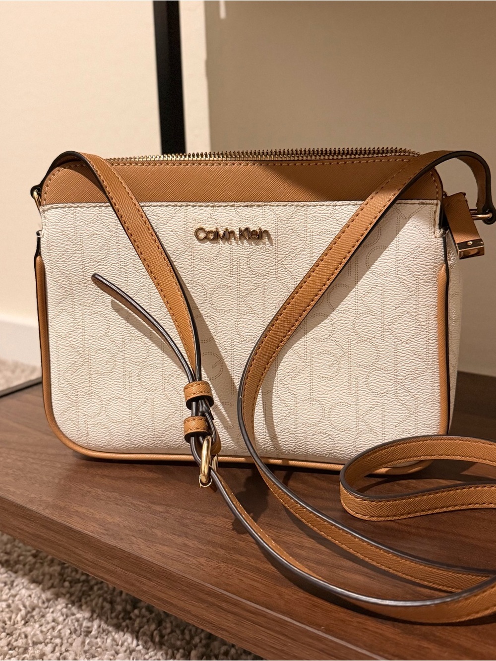 Calvin Klein Monogram Logo Camera Crossbody Bag White Cognac Tan